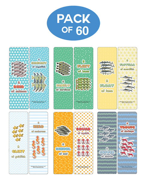 Creanoso Educational Bookmarks for Kids - Animal Group Names - Sea Animals (60-Pack) - Stocking Stuffers Party Favors & Giveaways for Teens & Adults - Classroom Reward Incentives for Students