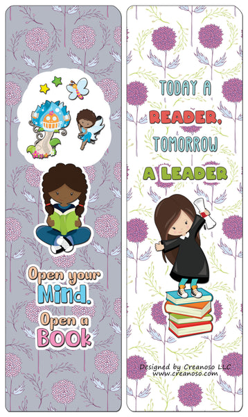 Creanoso Little Readers Bookmarks Cards for Girls (60-Pack) - Cool Stocking Stuffers Gifts Book Page Clippers - Awesome Premium Quality Card Stock - Reading for Bookworms