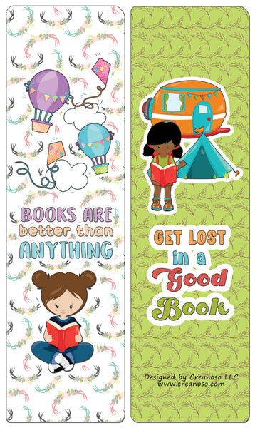 Creanoso Little Readers Bookmarks Cards for Girls (60-Pack) - Cool Stocking Stuffers Gifts Book Page Clippers - Awesome Premium Quality Card Stock - Reading for Bookworms