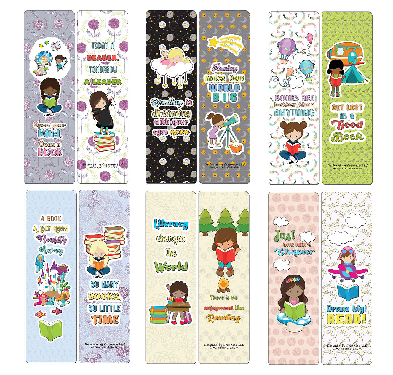 Creanoso Little Readers Bookmarks Cards for Girls (60-Pack) - Cool Stocking Stuffers Gifts Book Page Clippers - Awesome Premium Quality Card Stock - Reading for Bookworms