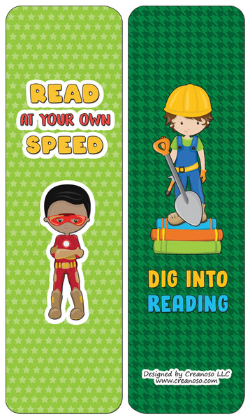 Creanoso Little Readers Bookmarks for Boys (30-Pack) - Classroom Reward Incentives for Students and Children - Stocking Stuffers Party Favors & Giveaways for Teens & Adults