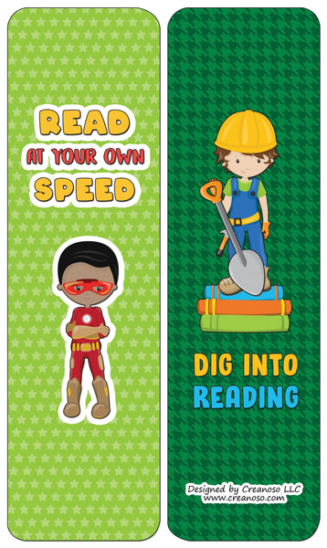 Creanoso Little Readers Bookmarks Cards for Boys - Cool Premium Quality Card Stock - Party Favors - DIY Kit