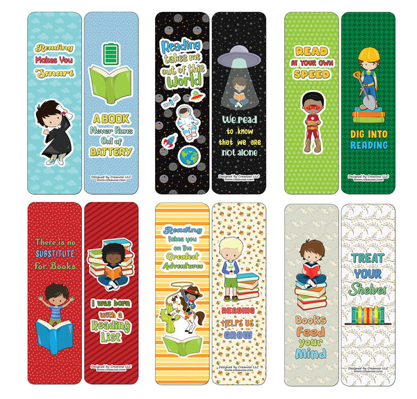 Creanoso Little Readers Bookmarks for Boys (30-Pack) - Classroom Reward Incentives for Students and Children - Stocking Stuffers Party Favors & Giveaways for Teens & Adults