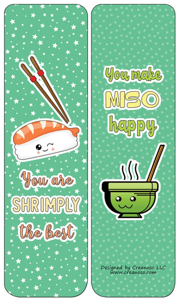 Creanoso Funny Bookmarks Cards - Sushi Puns (30-Pack) - Classroom Reward Incentives for Students and Children - Stocking Stuffers Party Favors & Giveaways for Teens & Adults