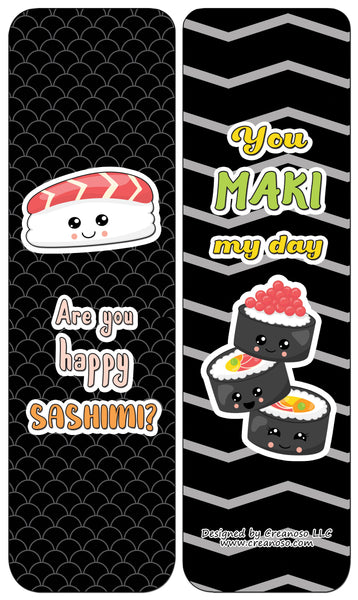 Creanoso Funny Bookmarks Cards - Sushi Puns (30-Pack) - Classroom Reward Incentives for Students and Children - Stocking Stuffers Party Favors & Giveaways for Teens & Adults