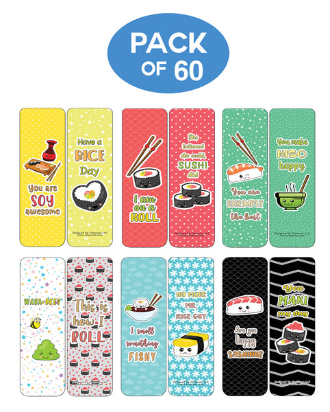 Creanoso Funny Bookmarks Cards - Sushi Puns (60-Pack) - Premium Quality Gift Ideas for Children, Teens, & Adults for All Occasions - Stocking Stuffers Party Favor & Giveaways