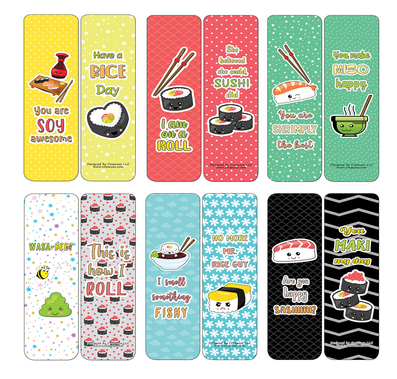 Creanoso Funny Bookmarks Cards - Sushi Puns (30-Pack) - Classroom Reward Incentives for Students and Children - Stocking Stuffers Party Favors & Giveaways for Teens & Adults