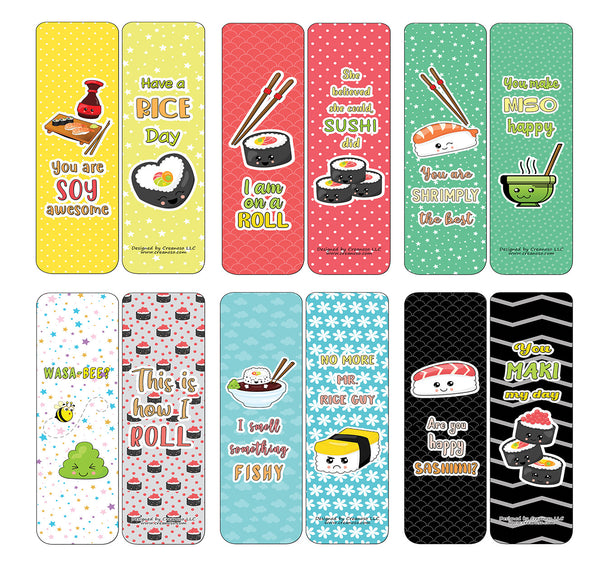 Creanoso Funny Bookmarks Cards - Sushi Puns (60-Pack) - Premium Quality Gift Ideas for Children, Teens, & Adults for All Occasions - Stocking Stuffers Party Favor & Giveaways