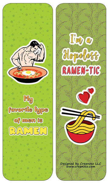 Creanoso Funny Bookmarks Cards - Ramen Puns and Jokes (60-Pack) - Premium Quality Gift Ideas for Children, Teens, & Adults for All Occasions - Stocking Stuffers Party Favor & Giveaways