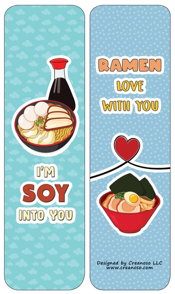 Creanoso Funny Bookmarks Cards - Ramen Puns and Jokes (60-Pack) - Premium Quality Gift Ideas for Children, Teens, & Adults for All Occasions - Stocking Stuffers Party Favor & Giveaways