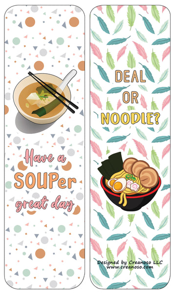Creanoso Funny Bookmarks Cards - Ramen Puns and Jokes (60-Pack) - Premium Quality Gift Ideas for Children, Teens, & Adults for All Occasions - Stocking Stuffers Party Favor & Giveaways