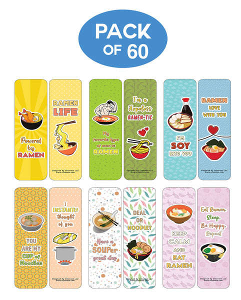 Creanoso Funny Bookmarks Cards - Ramen Puns and Jokes (60-Pack) - Premium Quality Gift Ideas for Children, Teens, & Adults for All Occasions - Stocking Stuffers Party Favor & Giveaways