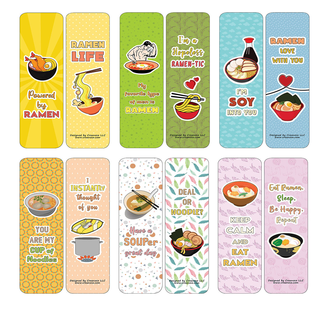 Creanoso Funny Bookmarks Cards - Ramen Puns and Jokes (60-Pack) - Premium Quality Gift Ideas for Children, Teens, & Adults for All Occasions - Stocking Stuffers Party Favor & Giveaways