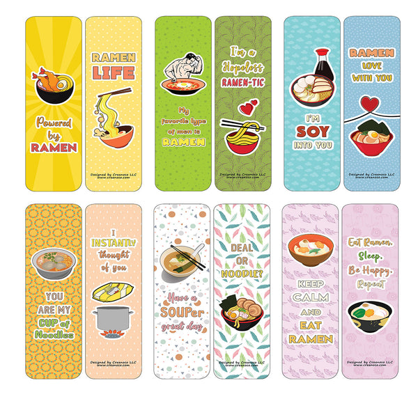 Creanoso Funny Bookmarks Cards - Ramen Puns and Jokes (60-Pack) - Premium Quality Gift Ideas for Children, Teens, & Adults for All Occasions - Stocking Stuffers Party Favor & Giveaways