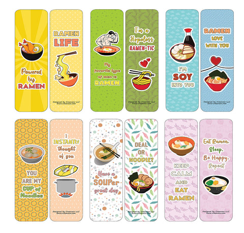 Creanoso Funny Bookmarks Cards - Ramen Puns and Jokes (60-Pack) - Premium Quality Gift Ideas for Children, Teens, & Adults for All Occasions - Stocking Stuffers Party Favor & Giveaways