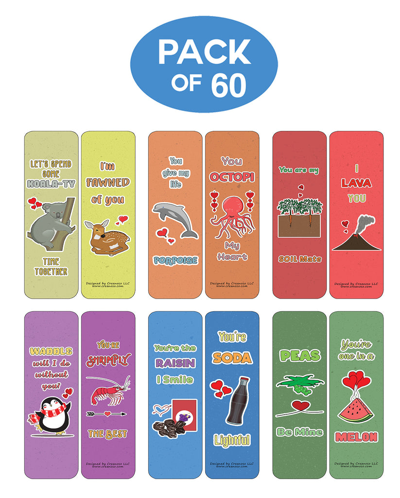 Creanoso Funny Bookmarks Cards - Love Puns (60-Pack) - Premium Quality
