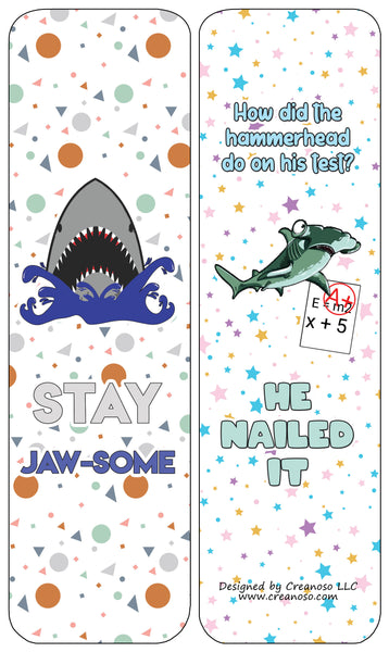 Creanoso Funny Bookmarks Cards - Shark Puns (60-Pack) - Premium Quality Gift Ideas for Children, Teens, & Adults for All Occasions - Stocking Stuffers Party Favor & Giveaways