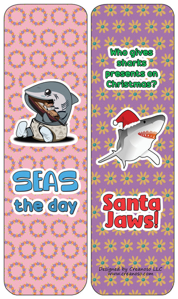 Creanoso Funny Bookmarks Cards - Shark Puns (12-Pack) - Stocking Stuffers Premium Quality Gift Ideas for Children, Teens, & Adults - Corporate Giveaways & Party Favors