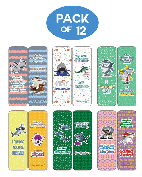 Creanoso Funny Bookmarks Cards - Shark Puns (12-Pack) - Stocking Stuffers Premium Quality Gift Ideas for Children, Teens, & Adults - Corporate Giveaways & Party Favors