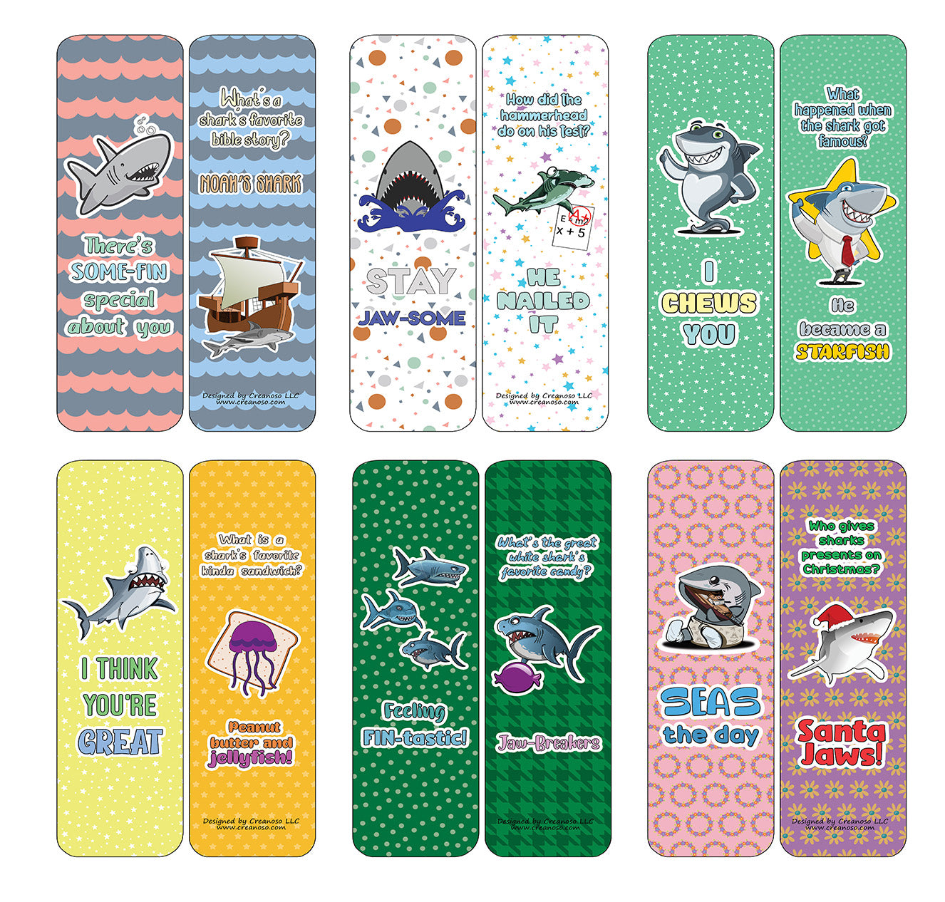 Creanoso Funny Bookmarks Cards - Shark Puns (60-Pack) - Premium Quality Gift Ideas for Children, Teens, & Adults for All Occasions - Stocking Stuffers Party Favor & Giveaways