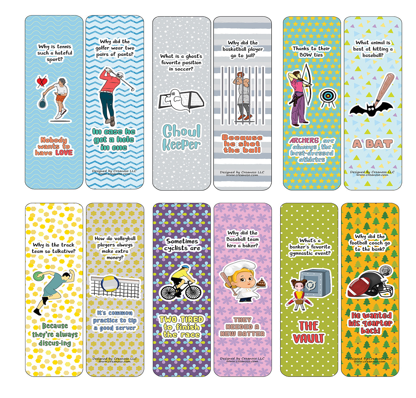 Creanoso Funny Bookmarks Cards - Sport Puns (30-Pack) - Classroom Reward Incentives for Students and Children - Stocking Stuffers Party Favors & Giveaways for Teens & Adults