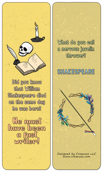 Creanoso Classical Shakespeare Jokes Bookmarks Cards - Gift Ideas for Boys and Girls, Students, Children, Adults (60-Pack)