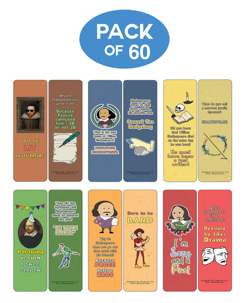 Creanoso Classical Shakespeare Jokes Bookmarks Cards - Gift Ideas for Boys and Girls, Students, Children, Adults (60-Pack)