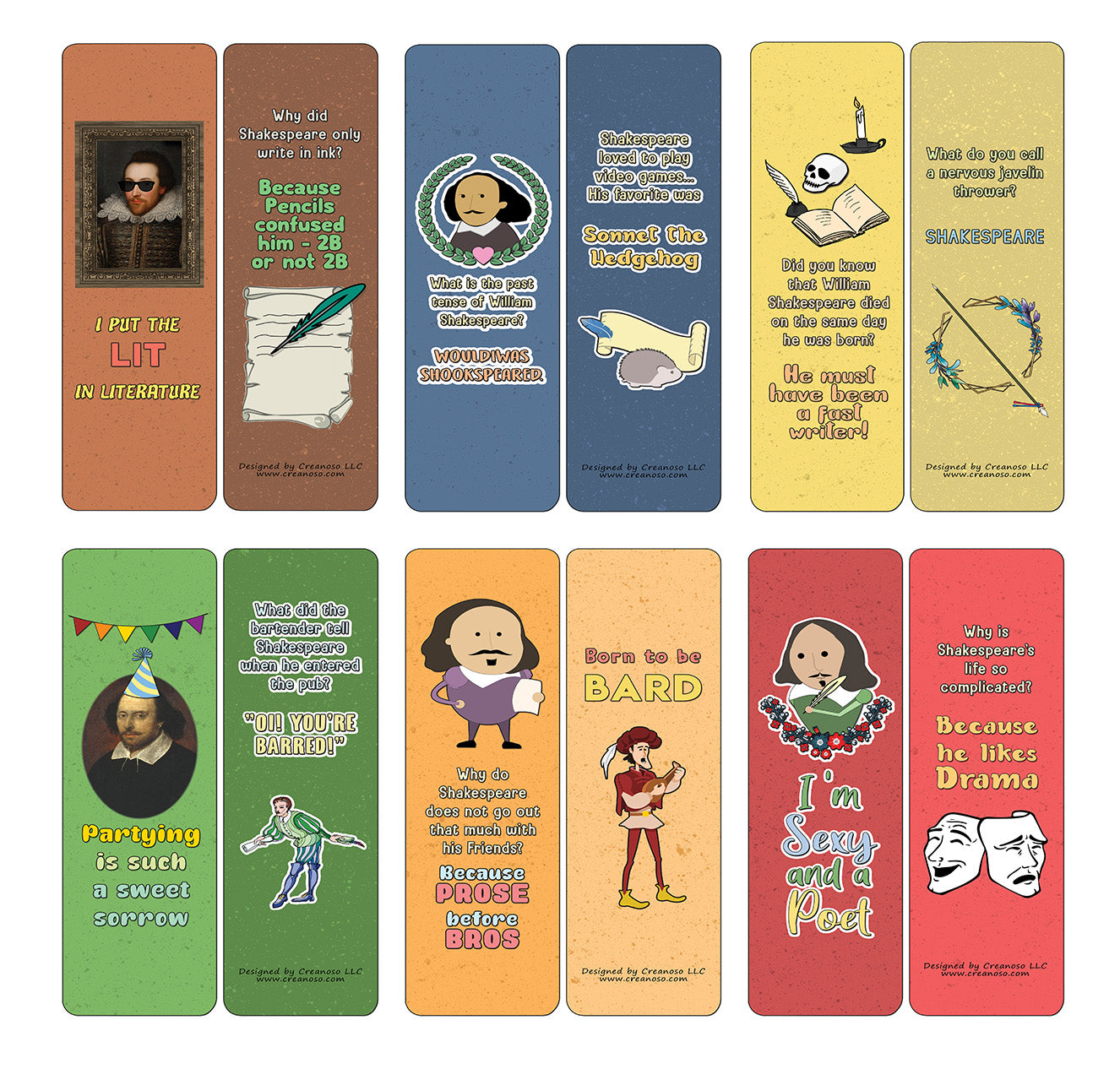 Creanoso Classical Shakespeare Jokes Bookmarks Cards - Gift Ideas for Boys and Girls, Students, Children, Adults (60-Pack)