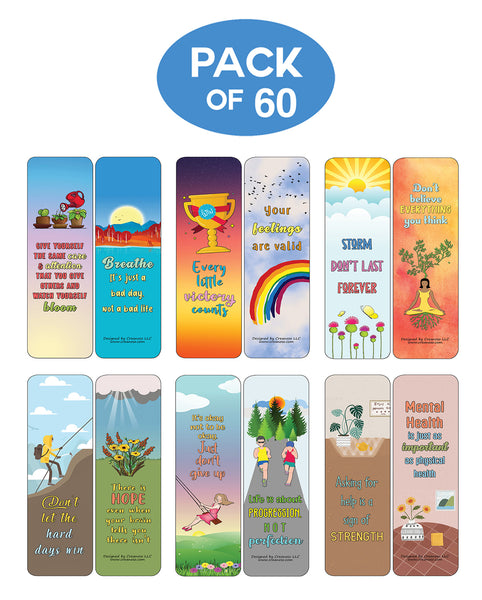 Creanoso Inspiring Mental Health Reminders Bookmarks Cards - Gift Ideas for Boys and Girls, Students, Children, Adults (60-Pack)