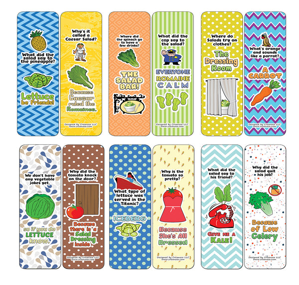 Creanoso Funny Salad Jokes Bookmarks (12-Pack) - Stocking Stuffers Premium Quality Gift Ideas for Children, Teens, & Adults - Corporate Giveaways & Party Favors