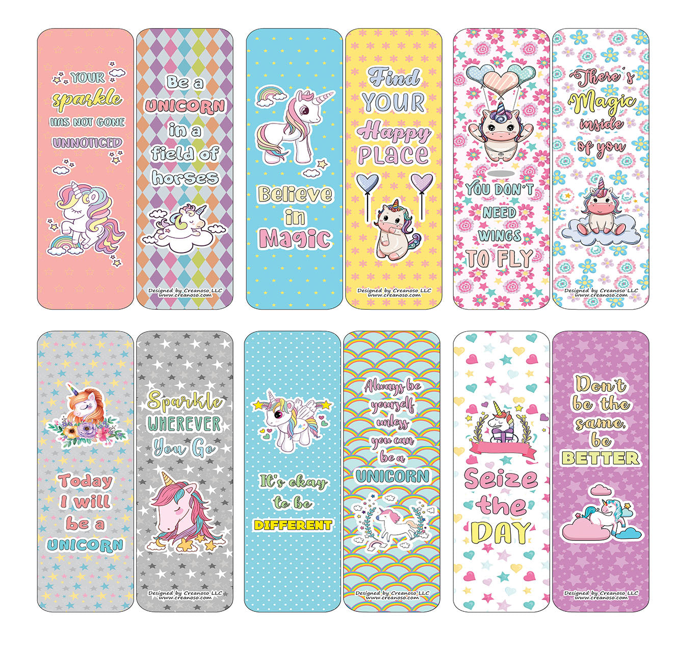 Creanoso Unicorn Bookmarks Cards Series 3 - Positive Affirmations - Gift Ideas for Boys and Girls, Kids, Children, Teens (60-Pack)
