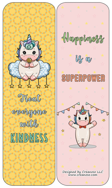 Creanoso Unicorn Bookmarks Cards Series 4 - Happiness Kindness Success - Awesome Stocking Stuffers