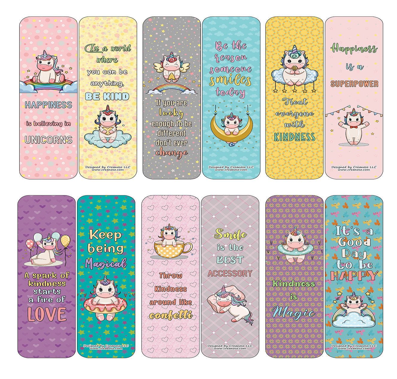 Creanoso Unicorn Bookmarks Cards Series 4 (60-Pack) - Happiness Kindness Success - Awesome Stocking Stuffers