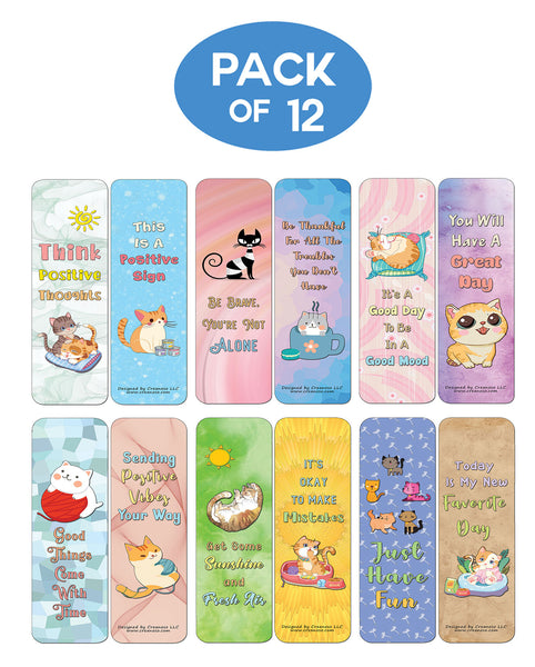 Creanoso Cat Bookmarks - Positive Vibes (12-Pack) - Stocking Stuffers Premium Quality Gift Ideas for Children, Teens, & Adults - Corporate Giveaways & Party Favors