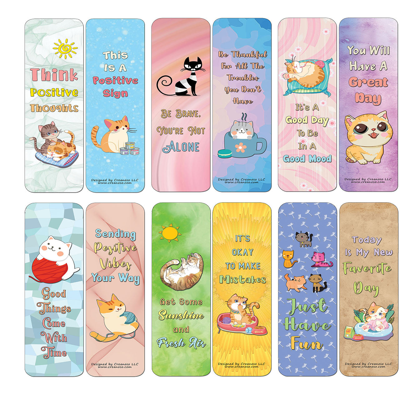 Creanoso Cat Bookmarks - Positive Vibes (60-Pack) - Premium Quality Gift Ideas for Children, Teens, & Adults for All Occasions - Stocking Stuffers Party Favor & Giveaways