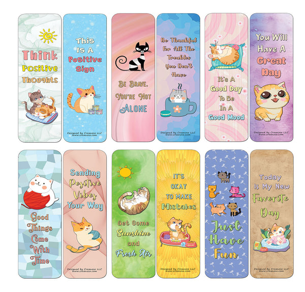 Creanoso Cat Bookmarks - Positive Vibes (60-Pack) - Premium Quality Gift Ideas for Children, Teens, & Adults for All Occasions - Stocking Stuffers Party Favor & Giveaways