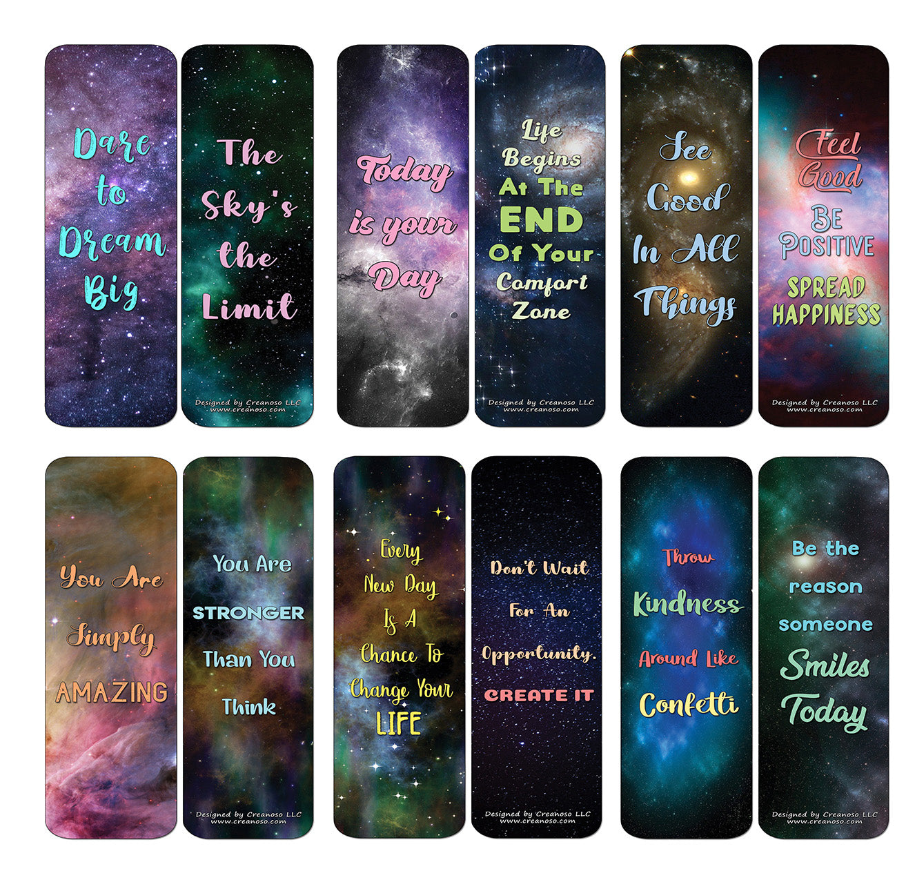 Creanoso Galaxy Motivational Bookmarks Cards Series 3 (12-Pack) - Stocking Stuffers Premium Quality Gift Ideas for Children, Teens, & Adults - Corporate Giveaways & Party Favors