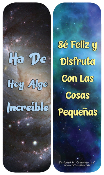 Creanoso Spanish Inspirational Galaxy Bookmarks Cards (30-Pack) - Classroom Reward Incentives for Students and Children - Stocking Stuffers Party Favors & Giveaways for Teens & Adults