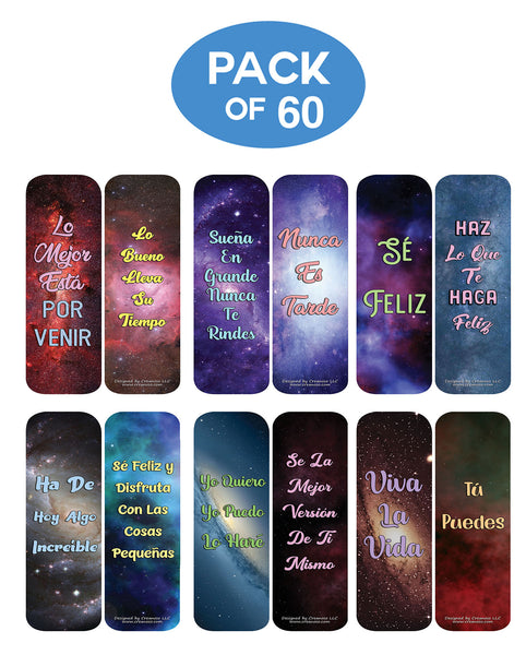 Creanoso Spanish Inspirational Galaxy Bookmarks Cards (60-Pack) - Premium Quality Gift Ideas for Children, Teens, & Adults for All Occasions - Stocking Stuffers Party Favor & Giveaways