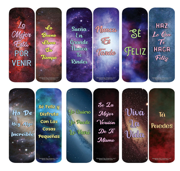 Creanoso Spanish Inspirational Galaxy Bookmarks Cards (30-Pack) - Classroom Reward Incentives for Students and Children - Stocking Stuffers Party Favors & Giveaways for Teens & Adults