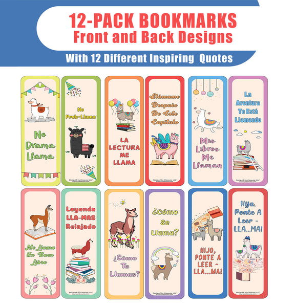Creanoso Spanish Llama Bookmarks Cards (12-Pack) - Stocking Stuffers Premium Quality Gift Ideas for Children, Teens, & Adults - Corporate Giveaways & Party Favors