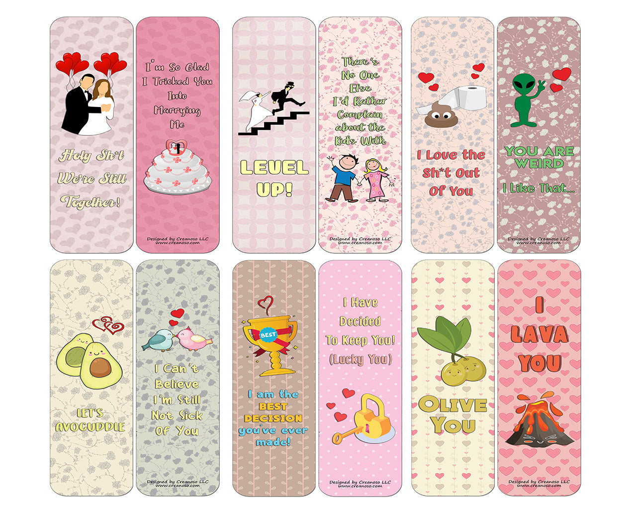 Creanoso Funny Lover Bookmarks Cards (12-Pack) - Stocking Stuffers Premium Quality Gift Ideas for Children, Teens, & Adults - Corporate Giveaways & Party Favors