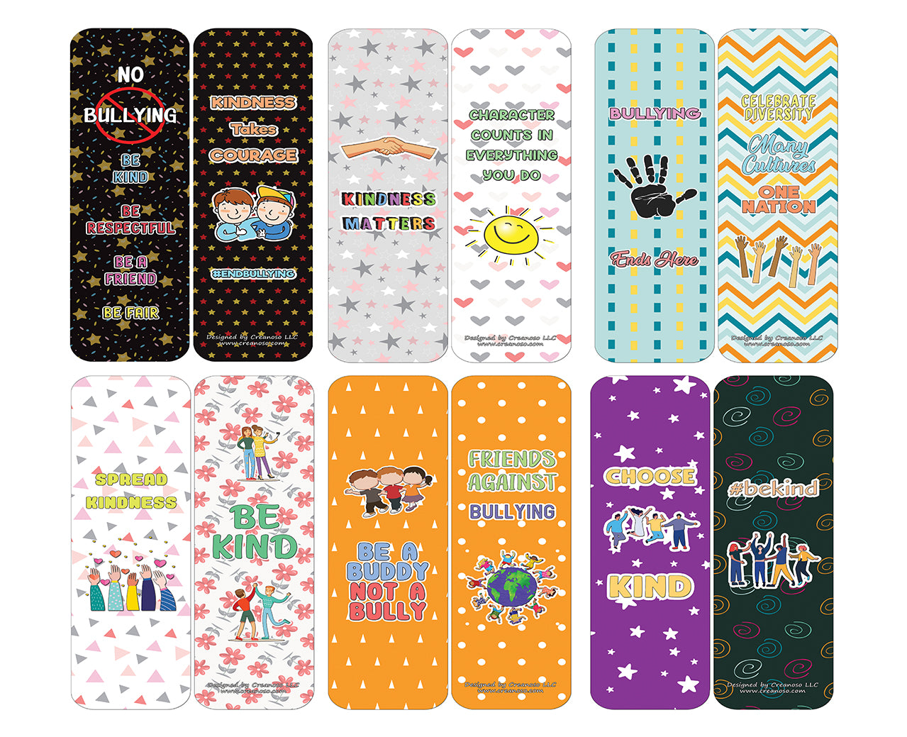 Creanoso Anti-Bullying Bookmarks Cards Series 2 (60-Pack) - Premium Quality Gift Ideas for Children, Teens, & Adults for All Occasions - Stocking Stuffers Party Favor & Giveaways