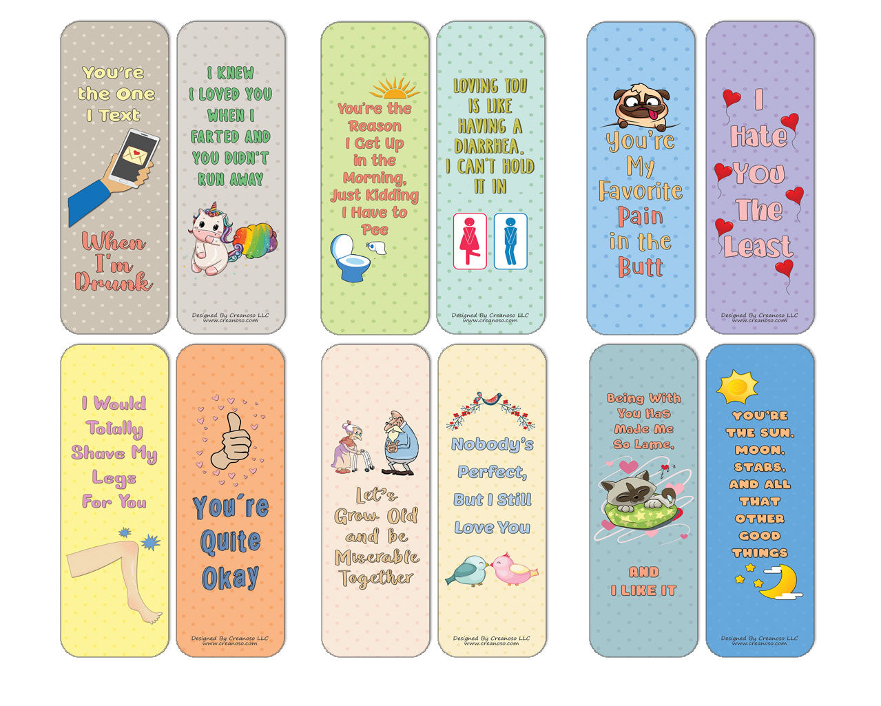 Creanoso Funny Love Confessions Bookmarks (60-Pack) - Premium Quality Gift Ideas for Children, Teens, & Adults for All Occasions - Stocking Stuffers Party Favor & Giveaways