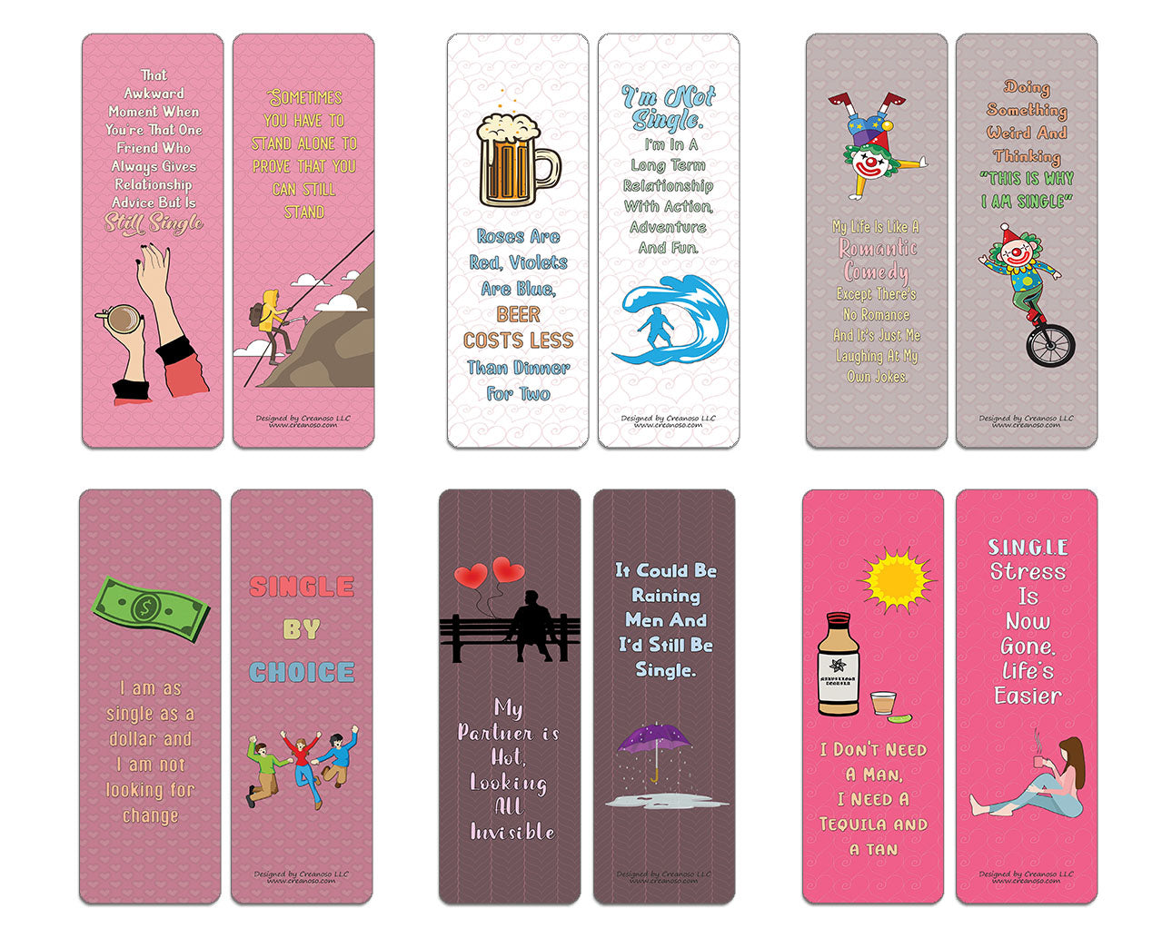 Creanoso Funny Single Bookmarks (12-Pack) - Stocking Stuffers Premium Quality Gift Ideas for Children, Teens, & Adults - Corporate Giveaways & Party Favors
