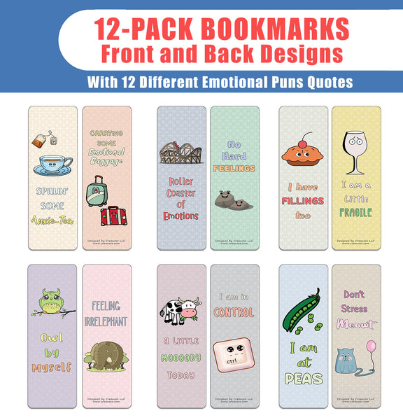 Creanoso Funny Emotion Puns Bookmarks (12-Pack) - Stocking Stuffers Premium Quality Gift Ideas for Children, Teens, & Adults - Corporate Giveaways & Party Favors