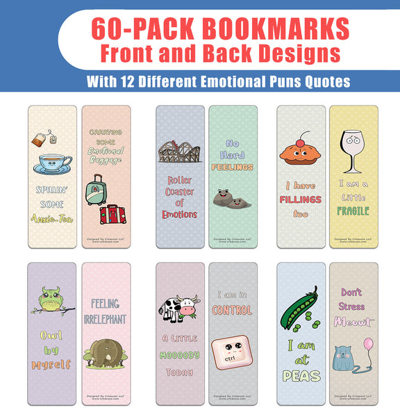 Creanoso Funny Emotion Puns Bookmarks (60-Pack) - Premium Quality Gift Ideas for Children, Teens, & Adults for All Occasions - Stocking Stuffers Party Favor & Giveaways