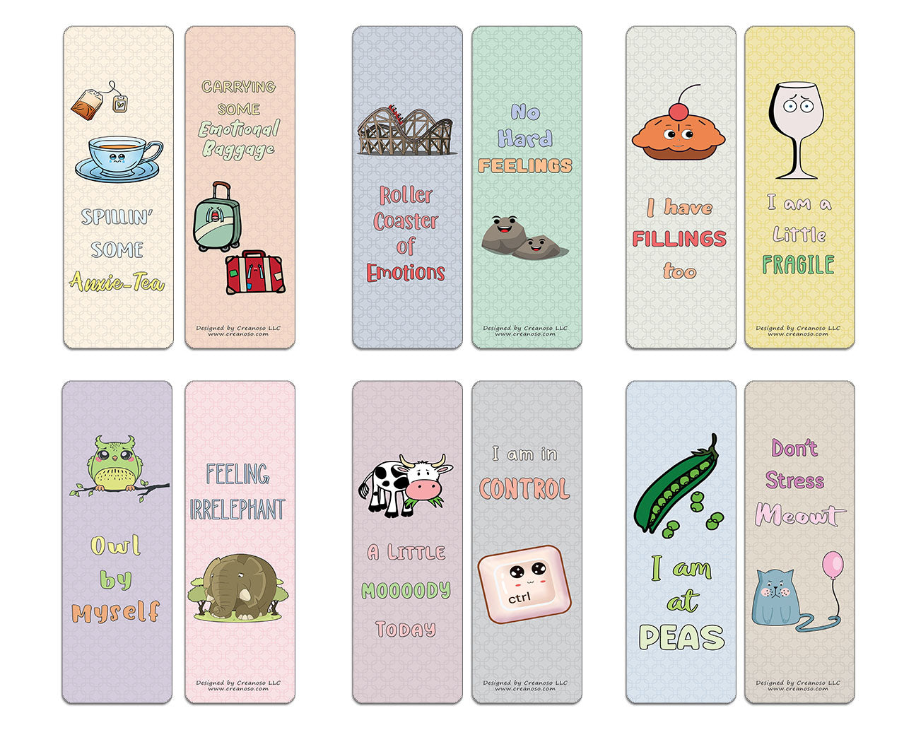 Creanoso Funny Emotion Puns Bookmarks (60-Pack) - Premium Quality Gift Ideas for Children, Teens, & Adults for All Occasions - Stocking Stuffers Party Favor & Giveaways