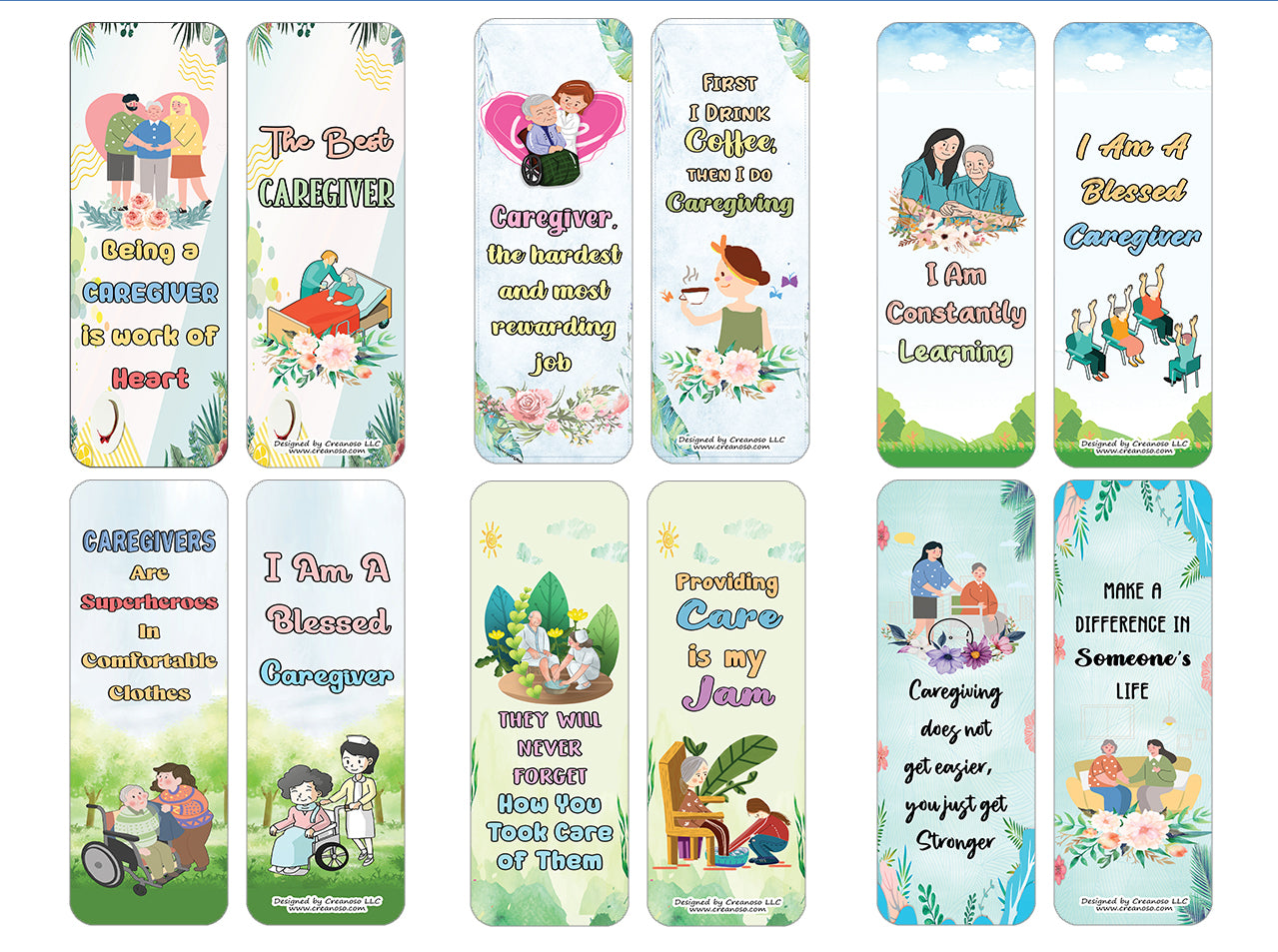 Creanoso I am a Caregiver Bookmarks (2-Sets X 6 Cards) â€“ Daily Inspirational Card Set â€“ Interesting Book Page Clippers â€“ Great Gifts for Adults and Professionals
