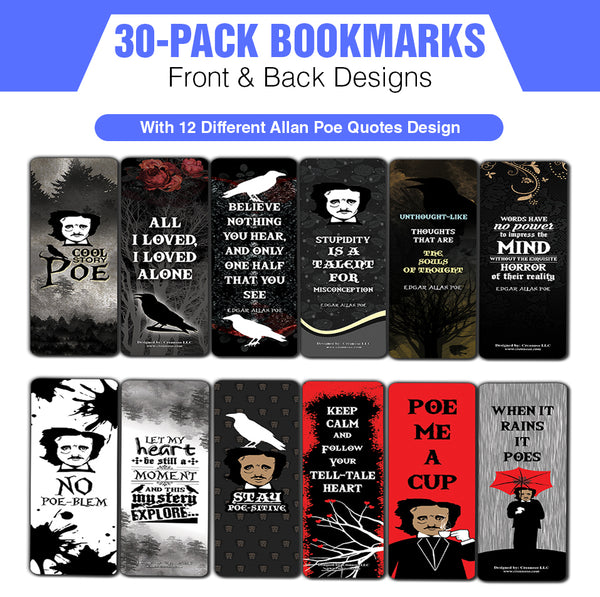 Creanoso Edgar Allan Poe Bookmarks Cards Series 2 (30-Pack) - Great Reading Rewards Incentives for Book Lovers & Literature Gifts for Young Readers